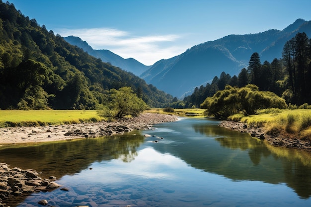 Photo landscape with river and mountains generative ai