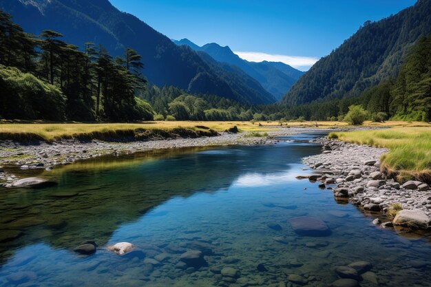 Photo landscape with river and mountains generative ai