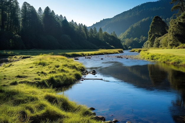 Photo landscape with river and mountains generative ai