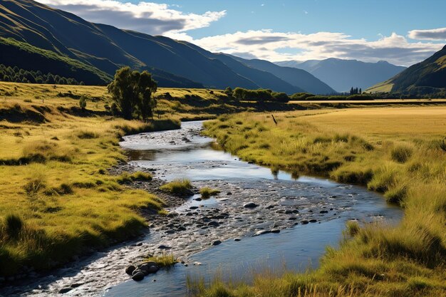 Photo landscape with river and mountains generative ai