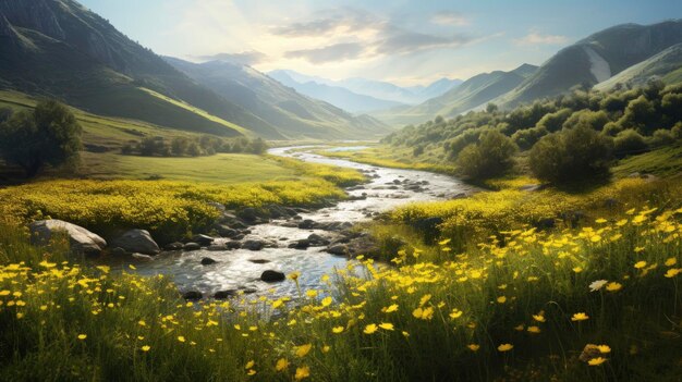 Foto paesaggio con fiume e montagne il fiume scorre tra prati e fiori in fiore