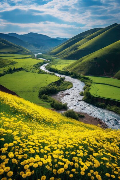 川と山の風景 川は草原と開花した花の間を流れます