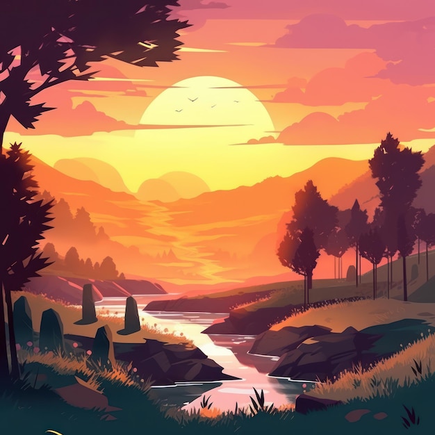 A landscape with a river and a sunset.