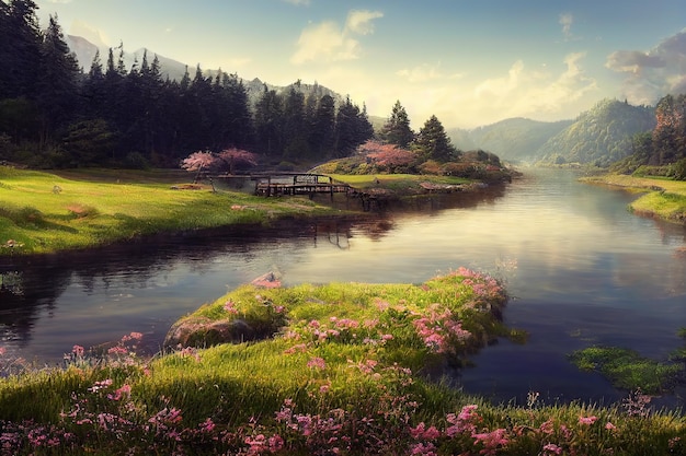 Landscape with a river with a wooden bridge in a mountain valley rocks on the horizon 3d illustration