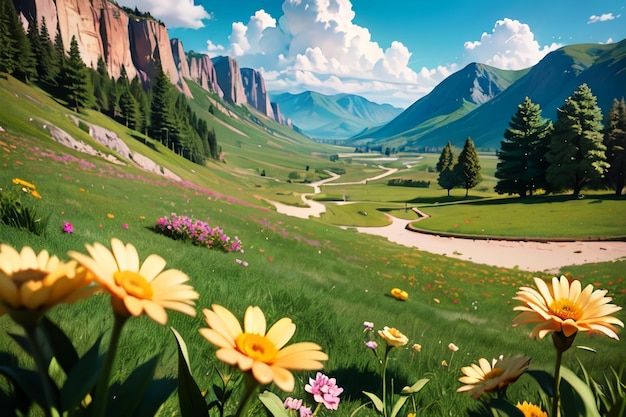 A landscape with a road and flowers in the foreground