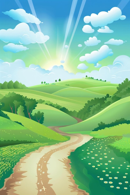 a landscape with a road and a sunset
