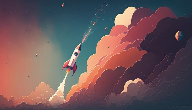 Landscape with rocket taking off amid the clouds space and nebula in the background Generative AI