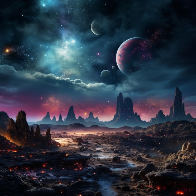 a landscape with rocks and planets in the sky