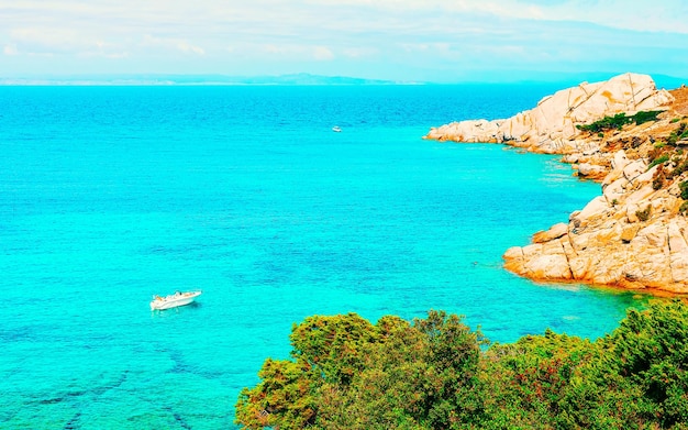 Landscape with Rocky coast of Capo Testa in Santa Teresa Gallura at the Mediterranean Sea on Sardinia Island in Summer Italy. Scenery of Cagliari province. Mixed media.