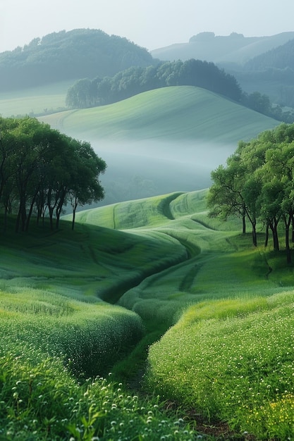 Foto un paesaggio con dolci colline verdi