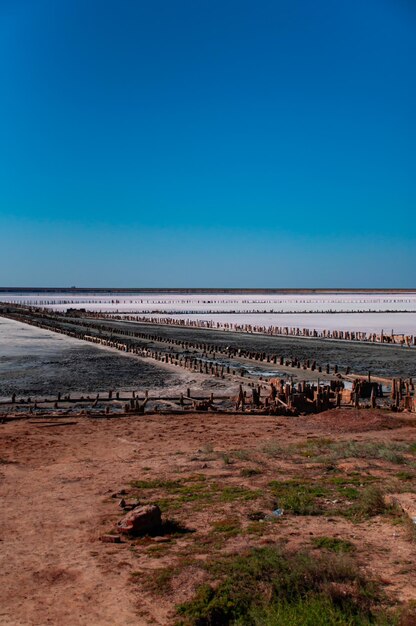 Landscape with salt lake Place where sea salt is mined