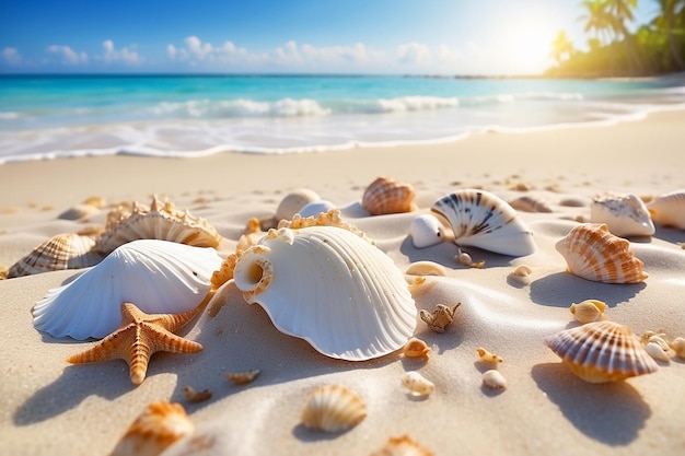 Landscape with seashells on tropical beach summer holiday