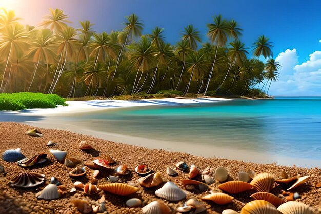 Landscape with seashells on tropical beach