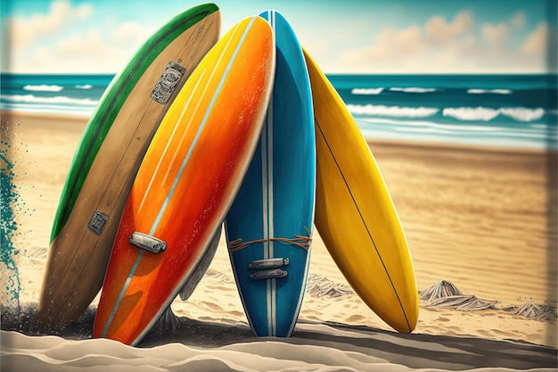 Landscape with several surfboards on the beach sand with sea and sky in the background. Generative A