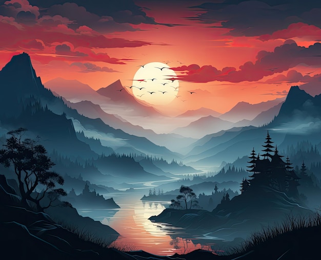 landscape with silhouettes of trees mountains blue misty river at sunset