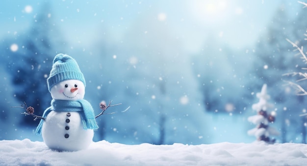 Пейзаж со снеговиком, падающими снежинками, праздники и рождественская концепция Генеративный ИИ