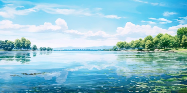 Landscape with soft pastel hues depicting a tranquil lake surrounded by lush green trees and a clear blue sky evoking a sense of peace and serenity generative ai