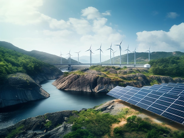 Landscape with solar panels wind turbines a hydropower dam and a nuclear power plant