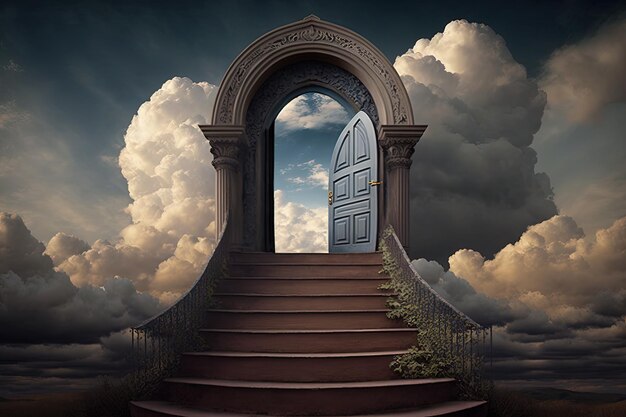 Landscape with stairs and door at the top sky and clouds in the background Generative AI