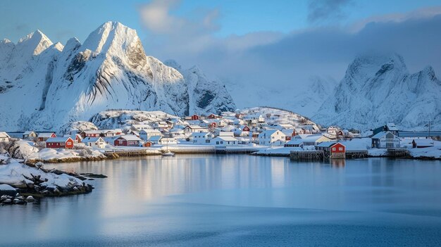 landscape with stockfish and red house with mountains behind Lofoten Norway Generative AI