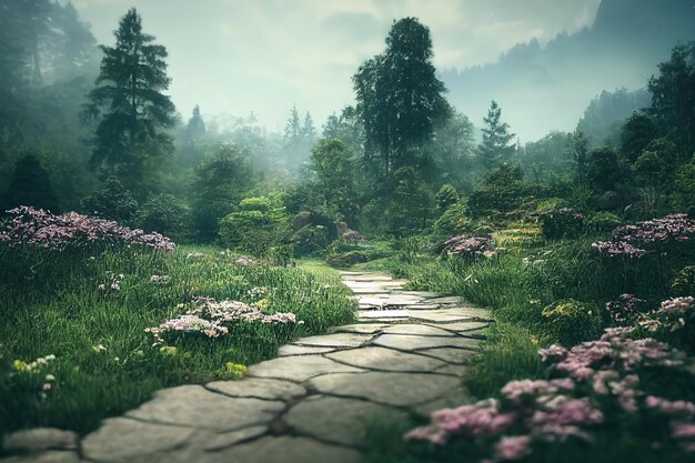 Landscape with a stone path among green grass with deciduous trees rocks and flowers 3d illustration