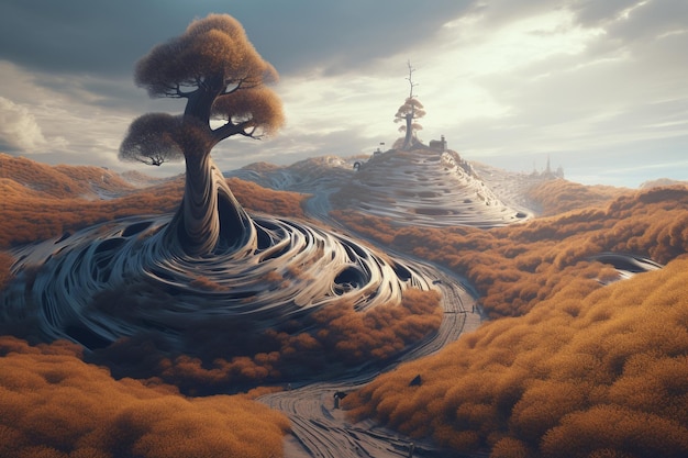 A landscape with a strange tree on the horizon