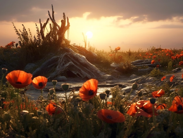 Landscape with sunrise over poppy field Generative AI