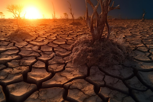 A landscape with a sunset and a tree stump in the foreground