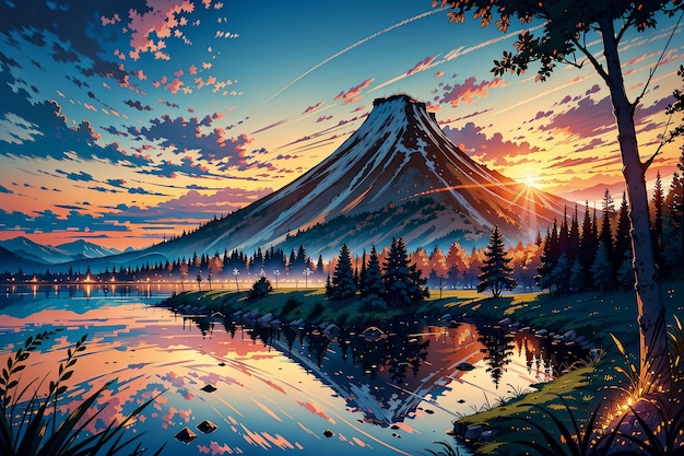 Landscape with sunsetlake and forest anime style