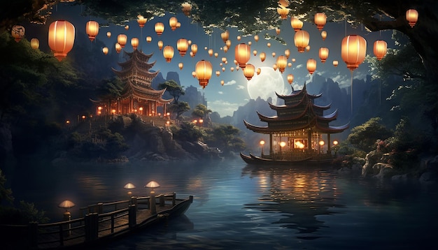 landscape with a traditional Chinese pavilion overlooking a lake chinese new year celebration