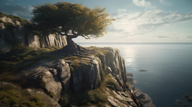 A landscape with a tree on the cliff