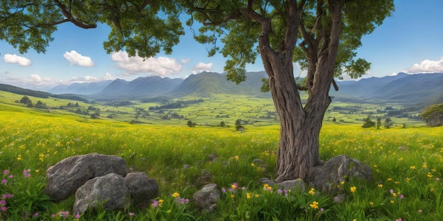 A landscape with a tree and flowers