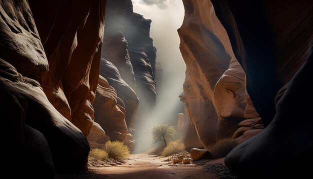 A landscape with a tree in the middle of the canyon