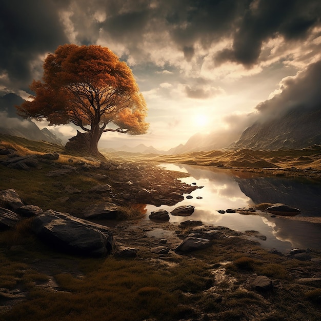 A landscape with a tree and mountains in the background