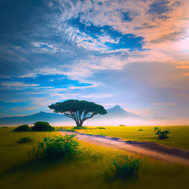 A landscape with a tree and mountains in the background