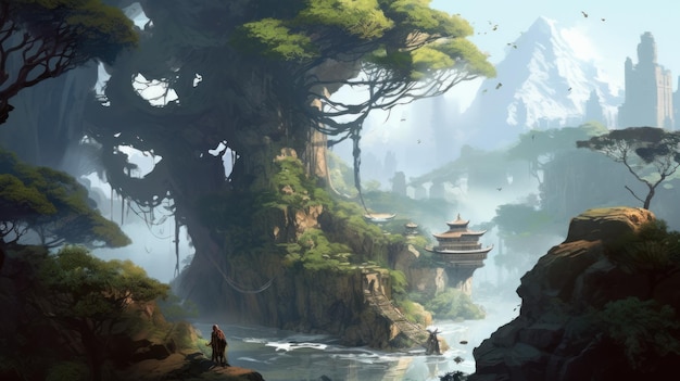 Пейзаж с деревом и храмом на заднем плане