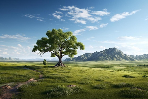 a landscape with a tree on the top of it