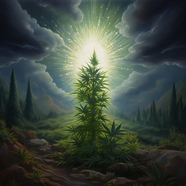 landscape with trees and clouds green huge cannabis tree