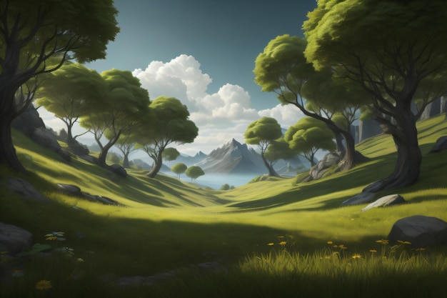 Пейзаж с деревьями и горами на заднем плане с генеративным искусственным интеллектом