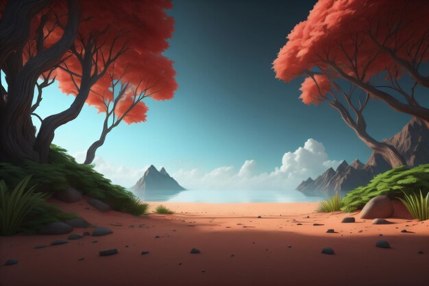 A landscape with trees and mountains on the horizon with generative ai