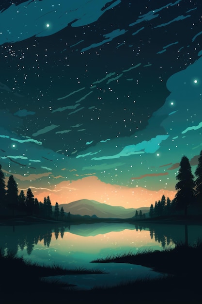 Пейзаж с деревьями, горами и озером ночью, созданный с использованием генеративной технологии искусственного интеллекта