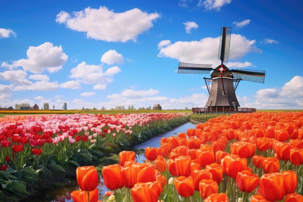 Landscape with tulips traditional dutch windmills