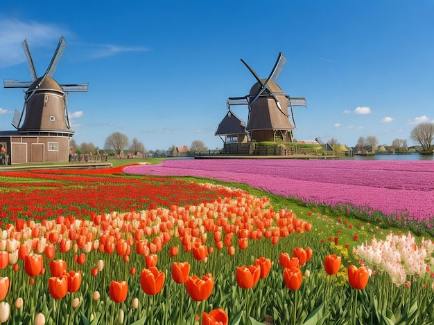 Пейзаж с тюльпанами в Заансе-Схансе, Нидерланды, Европа