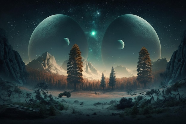 A landscape with two giant planets and a snowy landscape with a planet in the middle.