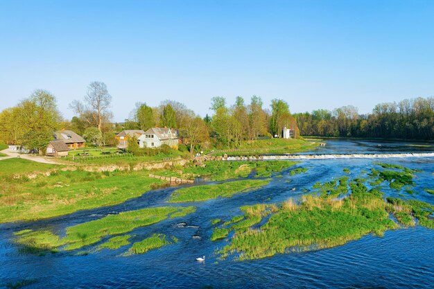 Landscape with Ventas Rumba waterfall in Kuldiga in Kurzeme in Western Latvia. The city used to be called Goldingen.