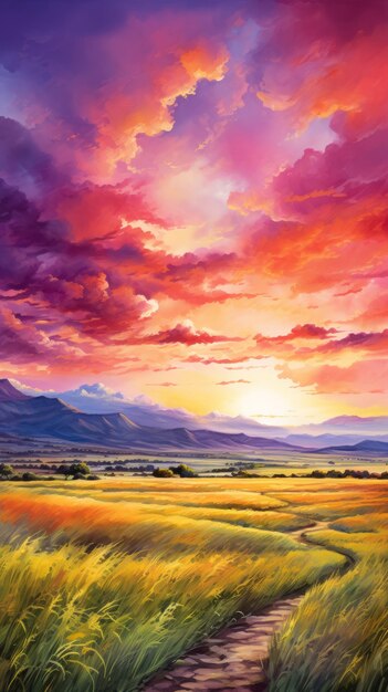 Landscape with vibrant setting sun and rolling hills