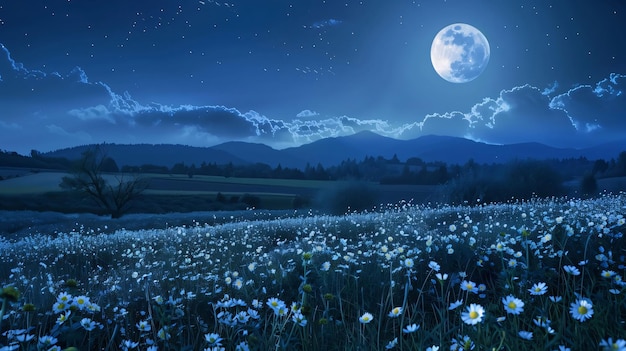 Photo landscape with a view of a field of flowers at night in the sky the moon daisies flowering flowers a symbol of spring new life