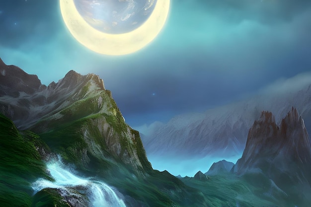 A landscape with a waterfall and a moon