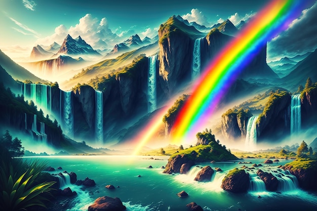 Landscape with a waterfall and a rainbow