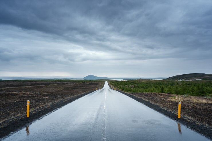 Landscape with a wet road in Iceland